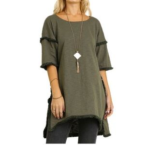 Umgee Hi Lo Fringe Olive Green Tunic Top